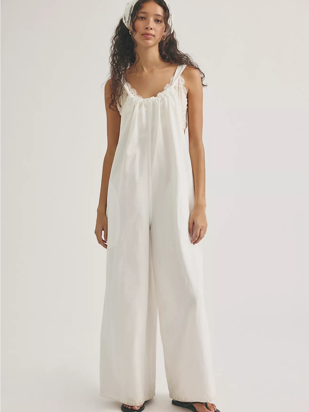 Brand New Free People WideLeg Sleeveless Lightweight Denim Jumpsuit In Pelican